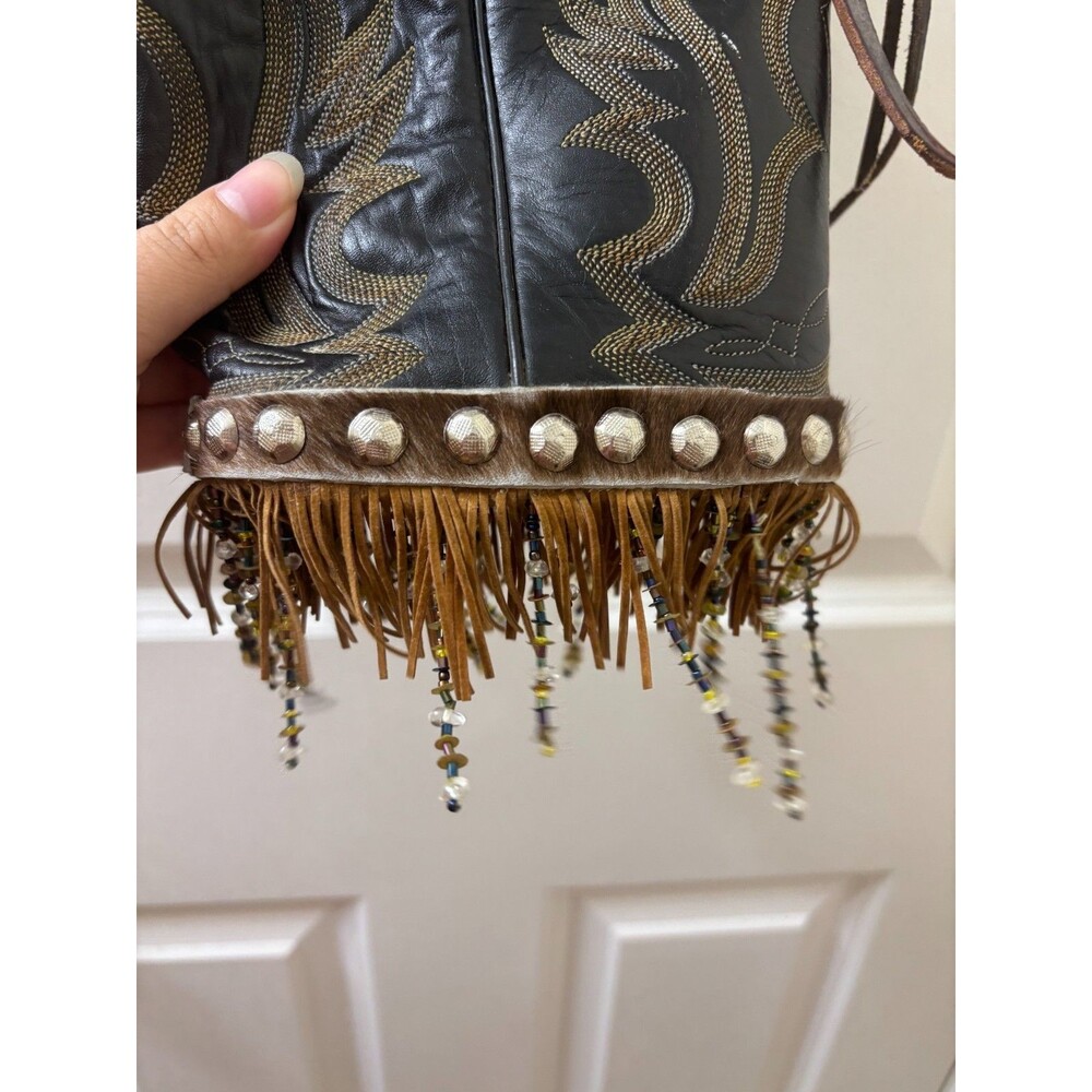 Boot Purse Brown Leather Western Cowboy Crossbody Bag Black Fringe Handmade - Picture 5 of 11